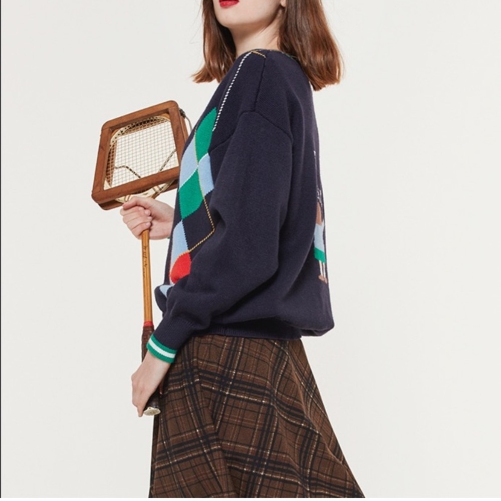 Miss Patina Russell Campus Academia Argyle Preppy Classic Cardigan Sweater - Picture 5 of 17